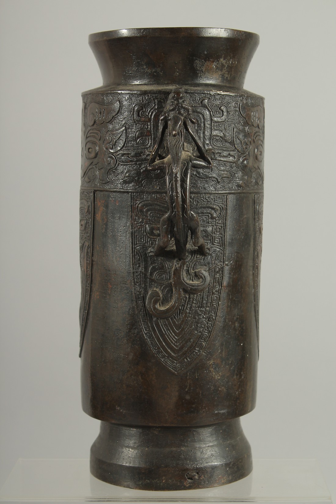 A CHINESE BRONZE VASE WITH TWIN CHILONG HANDLES, with archaic style mask decoration, 28cm high. - Image 4 of 6