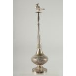 A 19TH CENTURY CHINESE EXPORT / INDIAN SILVER ROSEWATER SPRINKLER, with bird form finial and