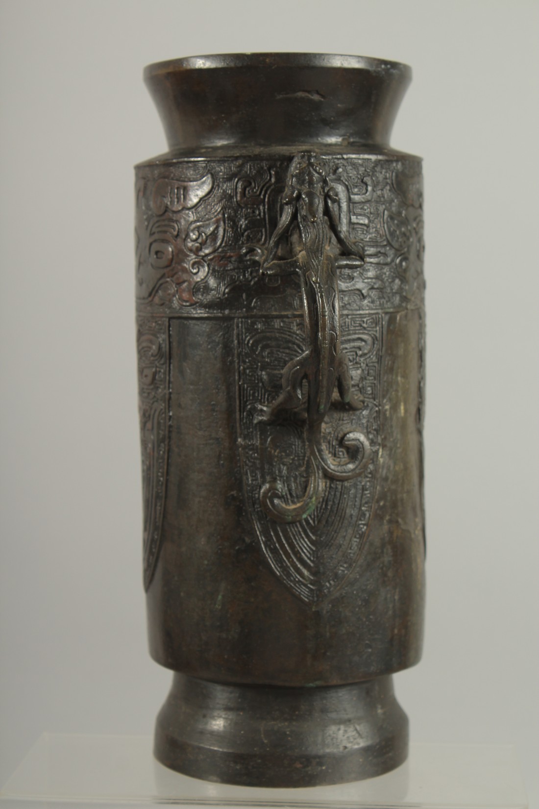 A CHINESE BRONZE VASE WITH TWIN CHILONG HANDLES, with archaic style mask decoration, 28cm high. - Image 2 of 6