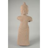 A FINE LARGE CAMBODIAN KHMER REVIVAL CARVED STONE STATUE OF BUDDHA, 76cm high.