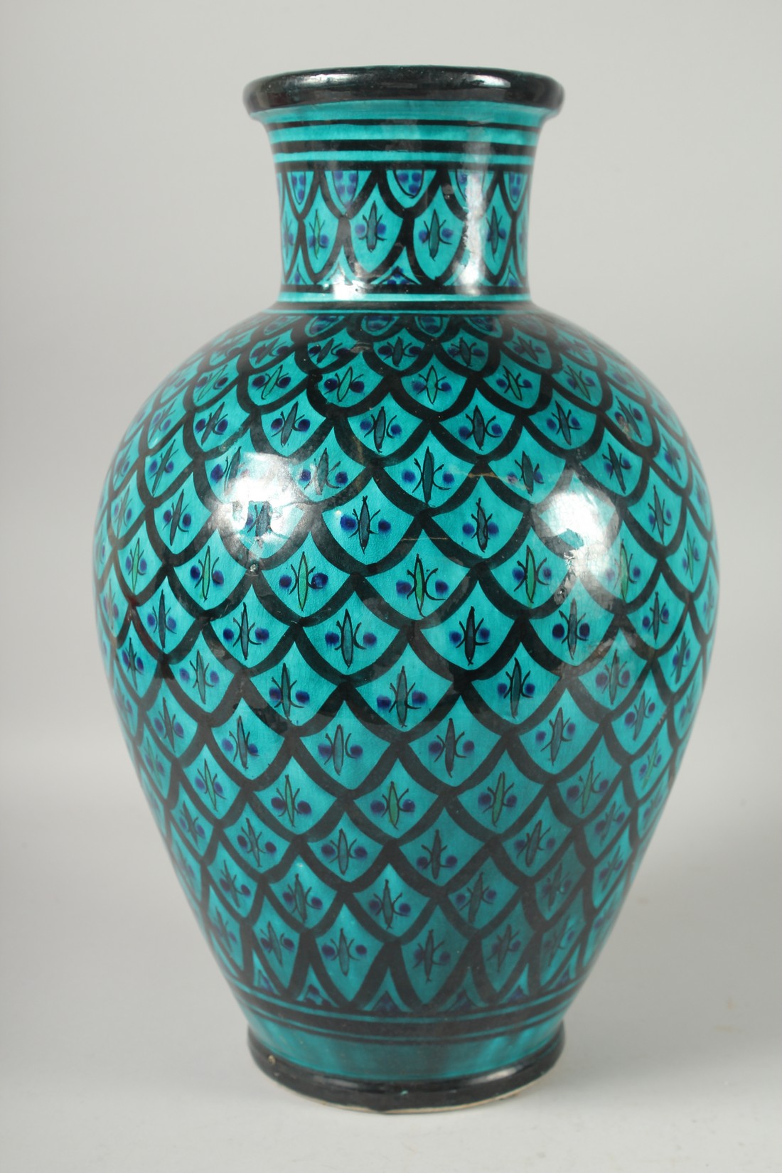 A LARGE ARABIC TURQUOISE GLAZED POTTERY VASE, signed to the base, 42cm high. - Image 2 of 6