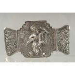 A FINELY EMBOSSED AND ENGRAVED SILVER BELT BUCKLE, with relief dancing female figure, 14.5 cm x 8.