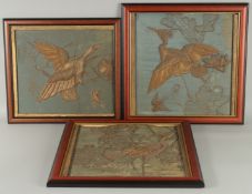 THREE CHINESE METAL THREAD EMBROIDERED SILK PANELS, (3).