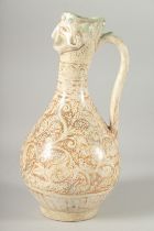 A KASHAN STYLE MOULDED HEAD EWER, the body painted with stylised animal motifs and