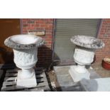 A GOOD PAIR OF ITALIAN CARVED WHITE MARBLE CAMPAGNA SHAPED URNS. 3ft 4ins high.