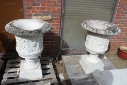 A GOOD PAIR OF ITALIAN CARVED WHITE MARBLE CAMPAGNA SHAPED URNS. 3ft 4ins high.