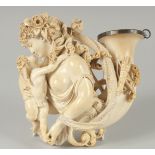 A SUPERB MUSEUM QUALITY CARVED WHITE MEERSCHAUM CHEROOT HOLDER, as a CORNUCOPIA with a classical