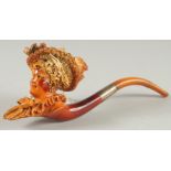 A VERY GOOD MEERCHAUM PIPE carved as young lady wearing a large hat with a bow and a dress with a