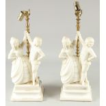 A GOOD PAIR OF WHITE MARBLE LAMPS as a gallant and a lady dancing. 22ins high overall.