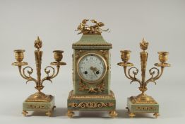 A GOOD 19TH CENTURY FRENCH MARBLE AND ORMOLU THREE PIECE CLOCK GRANITURE with ormolu mounts. Clock