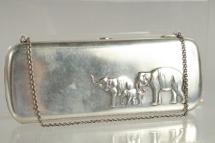 A RUSSIAN SILVER LONG FOLDING PURSE, the lid with three elephants. Mark: Head 84 2A. 6.75ins long,