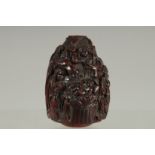 A VERY GOOD RENEISSANCE REVIVAL CARVED COQUILLA NUT SNUFF BOX, possibly LABURNHAM, carved with a re
