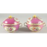 A PAIR OF VIENNA CIRCULAR TWO HANDLED BOWLS AND COVERS.