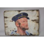 A GOOD H.M.S INVINCIBLE TIN SIGN with a sailor. 24ins x 36ins.