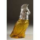 A GOOD YELLOW GLASS AND SILVER PLATED COCKATOO CLARET JUG. 9.5ins high.