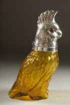 A GOOD YELLOW GLASS AND SILVER PLATED COCKATOO CLARET JUG. 9.5ins high.