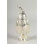 A SILVER PLATED PENGUIN SUGAR SIFTER. 7ins high.