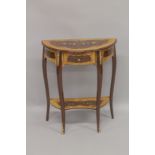 A LOUIS XVTH DESIGN INLAID HALF MOON TABLE with single drawer (plus another A/F) 2ft 4ins high.