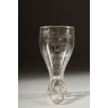 A SMALL GEORGIAN GLASS shaped as a boot, engraved "Wellington Victory at Waterloo, 1815". 3.5ins