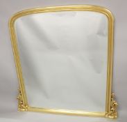 A LARGE GILTWOOD PLAIN OVER MANTLE MIRROR. 6ft high 4ft 3ins wide.