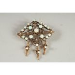 A GOOD OPAL AND SMALL PEARL BROOCH in 14ct gold.
