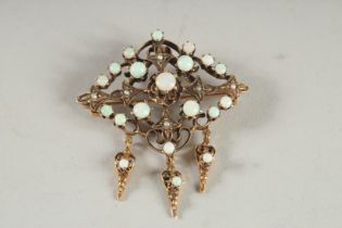 A GOOD OPAL AND SMALL PEARL BROOCH in 14ct gold.