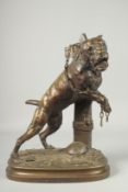 PROSPER LE COURTIER (1855 - 1924) FRENCH. A STRIKING BRONZE OF A BOXER DOG tied to a post. Signed