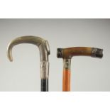 A RHINO HORN HANDLE WALKING STICK with silver band and a riding crop. (2).