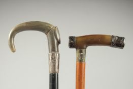 A RHINO HORN HANDLE WALKING STICK with silver band and a riding crop. (2).