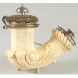 A SUPERB MEERSCHAUM SILVER MOUNTED PIPE CARVED AS A CORNUCOPIA with silver mounts and filegree