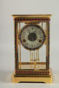 A GOOD FRENCH BRASS AND CLOISONNE ENAMEL FOUR GLASS CLOCK. 11.5ins high.