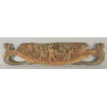 A CARVED WOOD ITALIAN PANEL "PAZZIA DI ORLANDO" 2ft 8ins long.