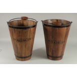 A PAIR OF WOODEN BOLLINGER BUCKETS 16ins high.