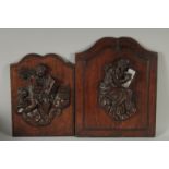 TWO GOOD ARCHED TOP PANELS carved with apostles in relief. 21ins x 15.5ins & 16ins x 12ins.