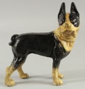 A BLACK AND WHITE CAST IRON BULL DOG. 8ins high.