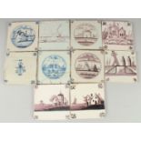 TEN VARIOUS BLUE AND WHITE AND MANGANESE DELFT TILES.