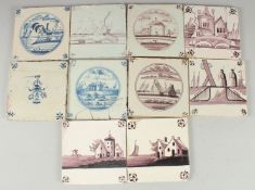 TEN VARIOUS BLUE AND WHITE AND MANGANESE DELFT TILES.