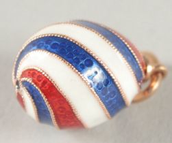 A 14CT GOLD RUSSIAN ENAMEL STRIPED EGG PENDANT.