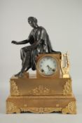 A GOOD 19TH CENTURY FRENCH ORMOLU AND BRONZE CLOCK with a classical figure. 20ins high.