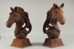 A PAIR OF CAST IRON HORSES' HEADS. 16ins high.