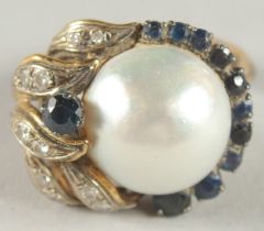 A 14CT GOLD LARGE PEARL, SAPPHIRE AND DIAMOND RING.