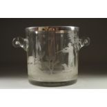 A GOOD GLASS ICE BUCKET engraved with a man and a dog and boar hunting, with plated rim. 7.5ins