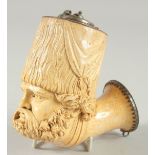 A SUPERB CARVED MEERSCHAUM PIPE CARVED AS A COSSACK with moustache and beard with hat, with silver