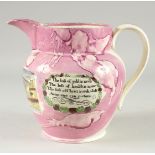 A GOOD SUNDERLAND PINK LUSTRE "MARINER'S ARMS" JUG, the sides with two poems. 9ins high.