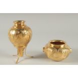 A PAIR OF LALAOUNIS SILVER GILT INSCENCE POTS, STANDS AND BOX.