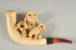 A MEERSHAUM CURVING PIPE, CARVED WITH TWO OWLS with glass eyes. 9cm long, 6cm deep, with amber mouth