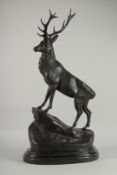 AFTER J. MOIGNIEZ. A BRONZE STAG. Signed, on a metal base.