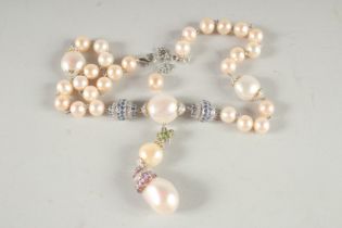 A SUPERB 18CT WHITE GOLD PEARL, DIAMOND AND SAPPHIRE NECKLACE.