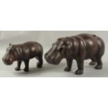 A GOOD LEATHER HIPPO 18ins x 12ins, possibly LIBERTY. and A SMALLER HIPPO (2).