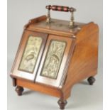 A GOOD VICTORIAN MAHOGANY FOLDING COAL BUCKET with metal panels of birds.